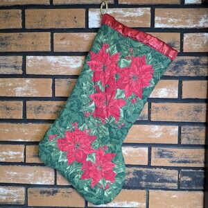 Vintage Handmade Quilted Christmas Stocking Floral‎ Poinsettia Design Red Satin